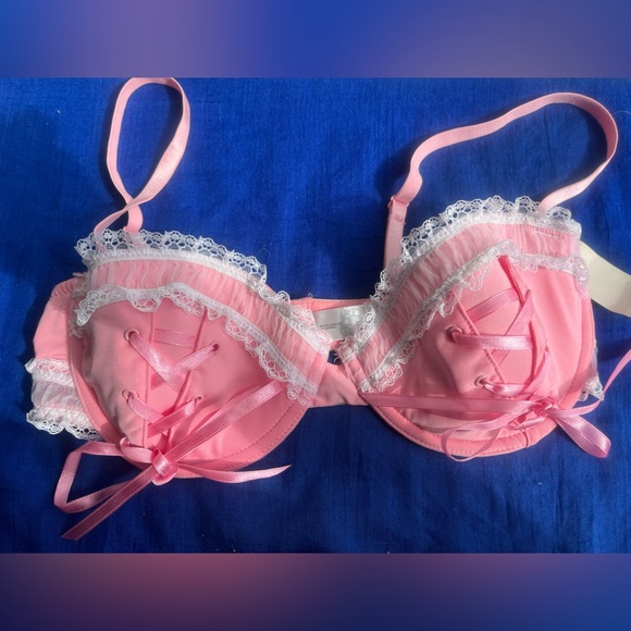 NWT vtg Coquette Y2K Baby Pink Lolita white lace up frilly bow bra delicates 34C - Picture 3 of 16